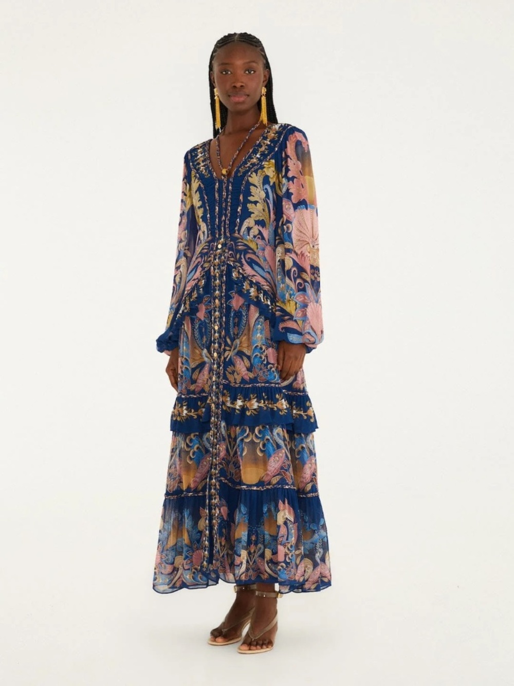 Farm Rio Navy Blue Sea Garden Braid Details Maxi Dress